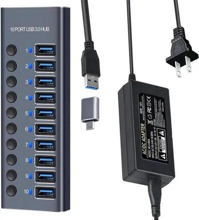 Main image of Powered 10-Port USB 3.0 Hub with Durable Aluminum Housing, Individual Independent On/Off Switches for Each Data Port, External Power Adapter Included, High Speed USB Splitter for Laptop Desktop PC and