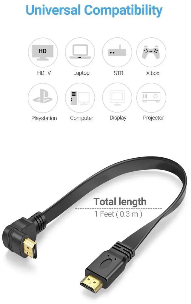 Alt view image 5 of 7 - 2 Pack 1 Feet Flat Slim 270 Degree Right Angle HDMI Male to Male Extension Cable, High Speed Low Profile Flat HDMI Cord, Space-Saving L-Shaped Connector for Tight Corners Behind TV Monitor Laptop Game