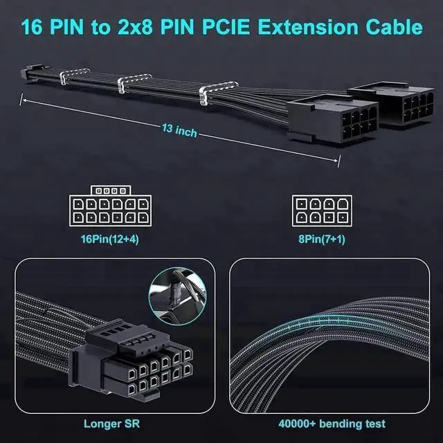Alt view image 3 of 7 - PCIE 5.0 RTX 4070Ti 16Pin GPU Power Extension Cable, PCI-e 5.0 12VHPWR GPU Cable Adapter 16Pin(12+4) Male to 2X8Pin Female Extension Cord Designed for Geforce RTX 4070 4070 Super-13Inch Black