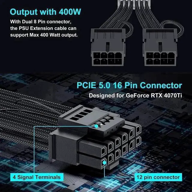Alt view image 7 of 7 - PCIE 5.0 RTX 4070Ti 16Pin GPU Power Extension Cable, PCI-e 5.0 12VHPWR GPU Cable Adapter 16Pin(12+4) Male to 2X8Pin Female Extension Cord Designed for Geforce RTX 4070 4070 Super-13Inch Black