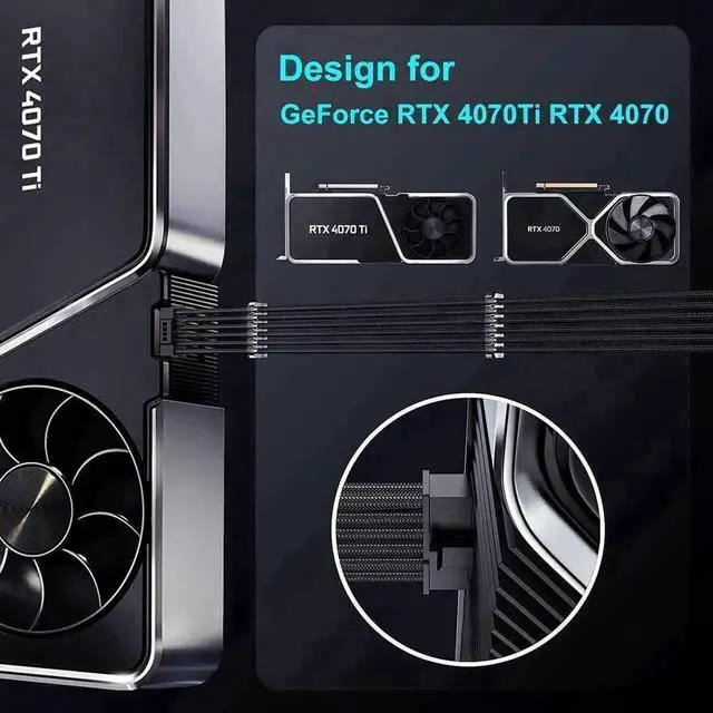 Alt view image 6 of 7 - PCIE 5.0 RTX 4070Ti 16Pin GPU Power Extension Cable, PCI-e 5.0 12VHPWR GPU Cable Adapter 16Pin(12+4) Male to 2X8Pin Female Extension Cord Designed for Geforce RTX 4070 4070 Super-13Inch Black