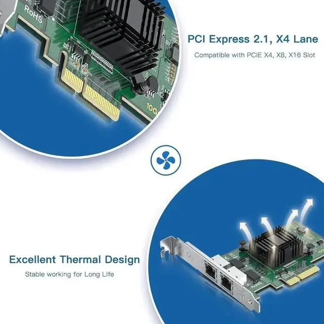 Alt view image 3 of 7 - Dual Port Gigabit PCIe Network Card with Intel I350 Chip, Equivalent to I350-T2 Ethernet Adapter, PCIe 2.1 X4 Interface, 2×RJ45 LAN Ports, Low Profile Bracket NIC Compatible with Windows, Windows Serv
