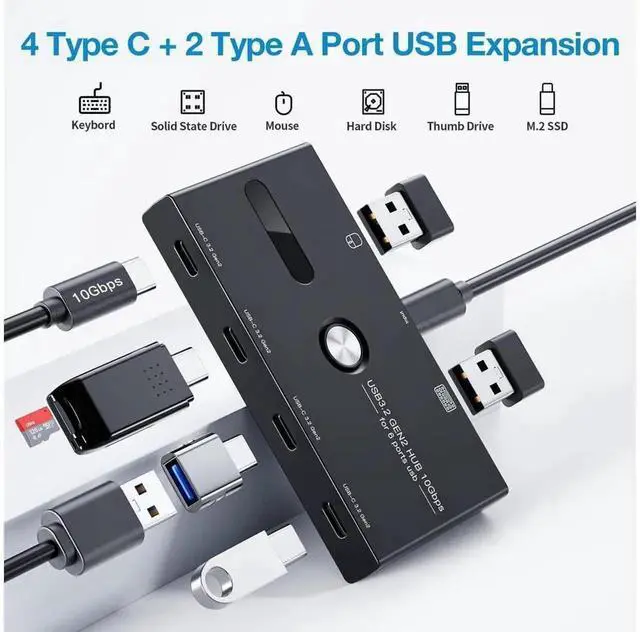 Alt view image 3 of 7 - 6-Port USB 3.2 Gen 2 USB-C Hub 10Gbps High Speed Data Splitter, Type-C to 4 USB-A + 2 USB-C Multiport Adapter, Compatible with MacBook Pro Air iMac Surface Pro Chromebook Laptop PC, Data Only Without