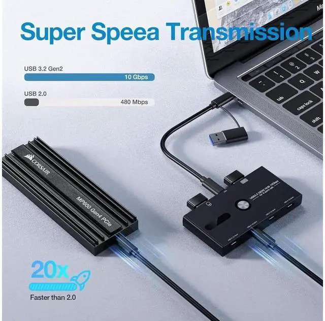 Alt view image 4 of 7 - 6-Port USB 3.2 Gen 2 USB-C Hub 10Gbps High Speed Data Splitter, Type-C to 4 USB-A + 2 USB-C Multiport Adapter, Compatible with MacBook Pro Air iMac Surface Pro Chromebook Laptop PC, Data Only Without