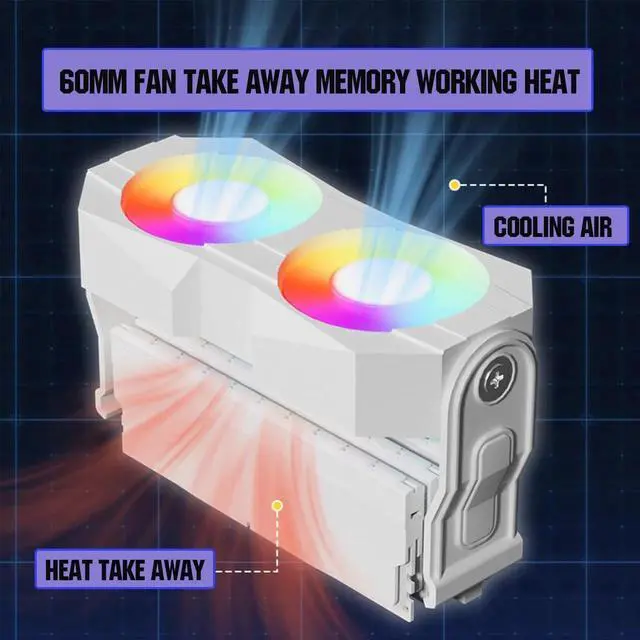 Alt view image 4 of 5 - White RAM Memory Heatsink Cooler with Dual Rotatable 60mm Fans, 4Pin PWM Speed Control & 5V 3PIN ARGB Lighting PC Memory Radiator Cooling Bracket for DDR4 DDR5 Desktop Memory Modules