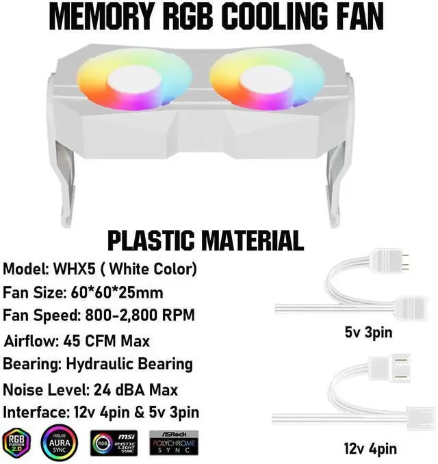 Alt view image 5 of 5 - White RAM Memory Heatsink Cooler with Dual Rotatable 60mm Fans, 4Pin PWM Speed Control & 5V 3PIN ARGB Lighting PC Memory Radiator Cooling Bracket for DDR4 DDR5 Desktop Memory Modules