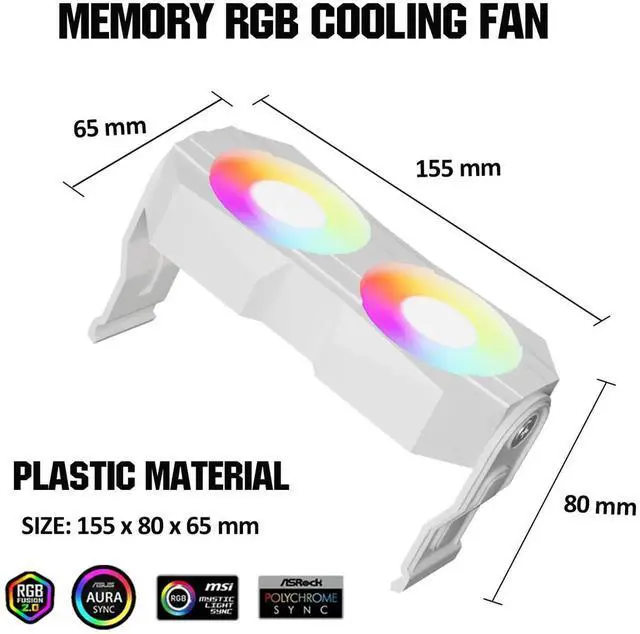 Alt view image 2 of 5 - White RAM Memory Heatsink Cooler with Dual Rotatable 60mm Fans, 4Pin PWM Speed Control & 5V 3PIN ARGB Lighting PC Memory Radiator Cooling Bracket for DDR4 DDR5 Desktop Memory Modules
