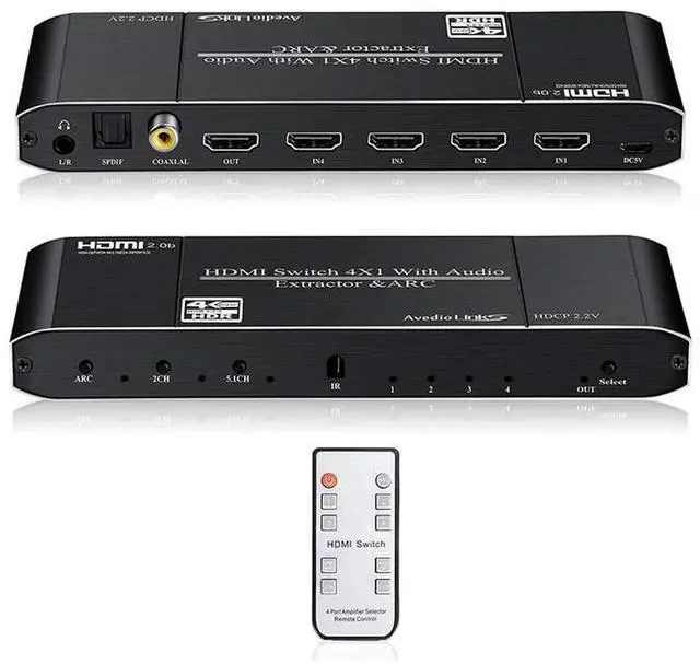 Main image of Torpedo Nova 4x1 HDMI Switch with ARC Audio Extractor, HDMI 2.0 4K@60Hz HDR Video Switcher, HDCP 2.2 Certified, Triple Audio Output via Optical, Coaxial and 3.5mm Jack for Home Theater Game Consoles a