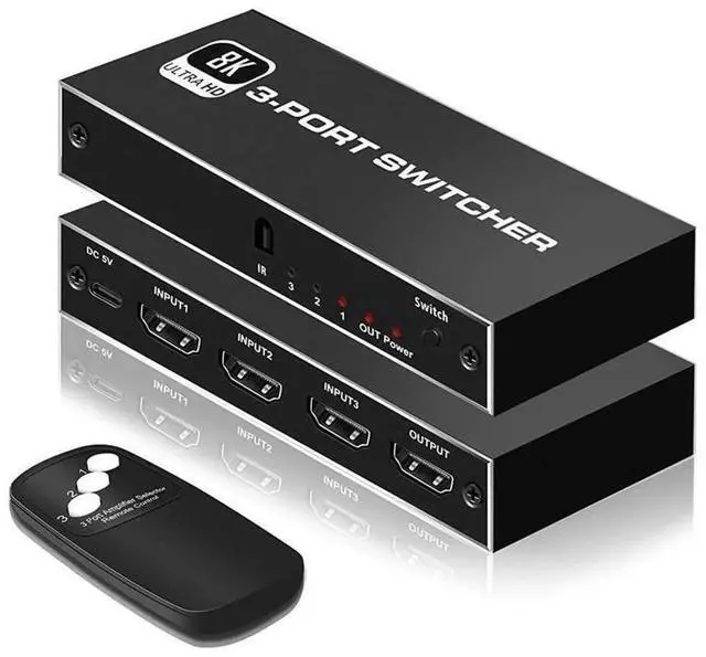 Main image of eokCXOY 3X1 HDMI 2.1 Switcher Box, 48Gbps Ultra High Speed 8K@60Hz & 4K@120Hz Video Switch with IR Remote Control, HDCP Compliant Audio Passthrough Adapter Compatible with PS5 PS4 Xbox Fire TV Stick N