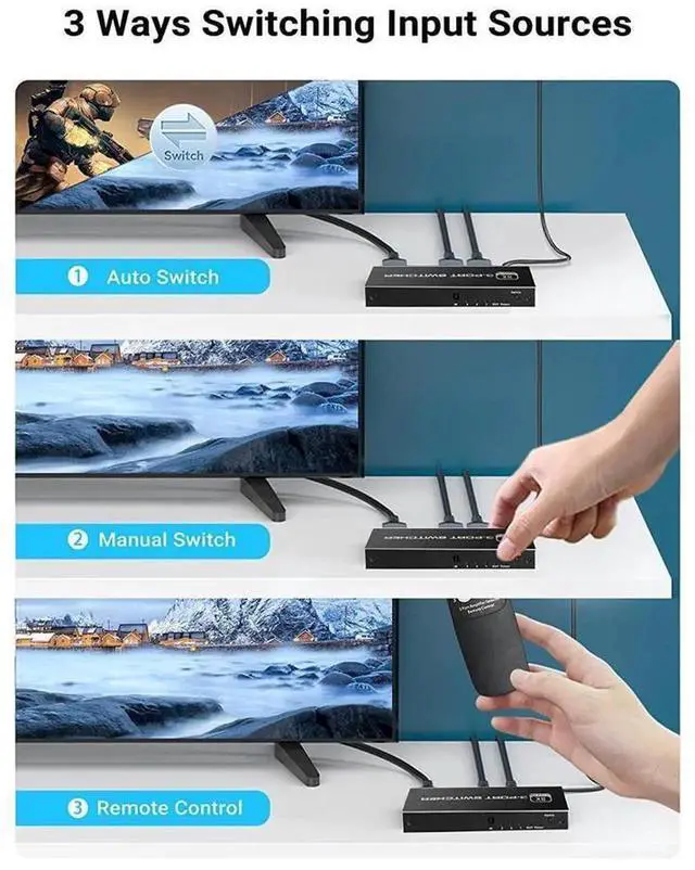 Alt view image 4 of 7 - eokCXOY 3X1 HDMI 2.1 Switcher Box, 48Gbps Ultra High Speed 8K@60Hz & 4K@120Hz Video Switch with IR Remote Control, HDCP Compliant Audio Passthrough Adapter Compatible with PS5 PS4 Xbox Fire TV Stick N