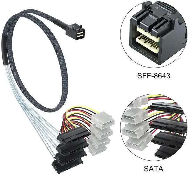 Alt view image 4 of 7 - 1M 3.3FT Internal Mini SAS HD SFF-8643 to 4 SFF-8482 Breakout Cable, 12Gbps SAS RAID Controller to Hard Drive Cord with IDE Molex & SATA Dual Power for Server Storage Array Connection