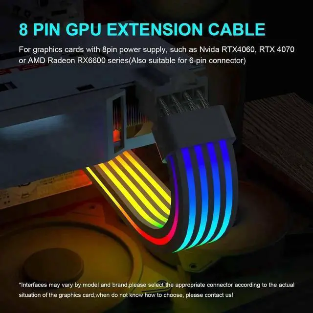 Alt view image 6 of 7 - White 8 Pin GPU ARGB PSU Extension Cable, 5V 3Pin Addressable RGB Graphics Card Power Cord, Sync Motherboard Lighting for RTX 3060 4060 4070 RX 6600 RX580 PC Case Decoration
