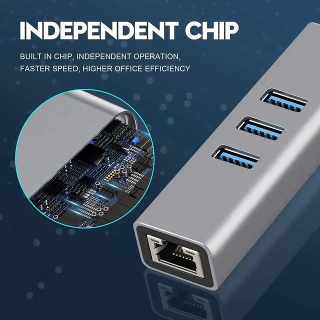 Alt view image 5 of 7 - Aluminum USB-C Hub with Gigabit RJ45 Ethernet Port & 3 USB 3.0 Ports, Portable Type-C to 10/100/1000Mbps LAN Network Adapter Converter for Laptops and Type-C Devices