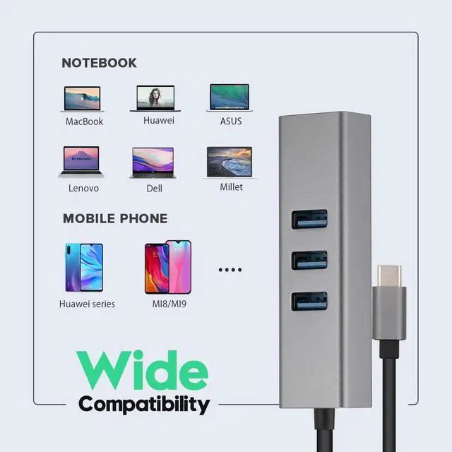 Alt view image 7 of 7 - Aluminum USB-C Hub with Gigabit RJ45 Ethernet Port & 3 USB 3.0 Ports, Portable Type-C to 10/100/1000Mbps LAN Network Adapter Converter for Laptops and Type-C Devices