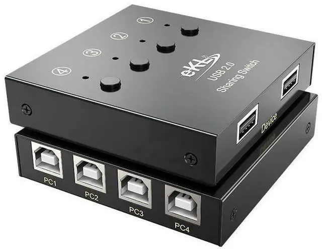 Main image of 4 In 2 Out USB 2.0 Sharing Switch Selector Box with One-Click Button, 4 Computers Share 2 USB Peripherals Like Mouse Keyboard Printer Scanner, Comes with 4 Pcs USB A to B Connection Cables