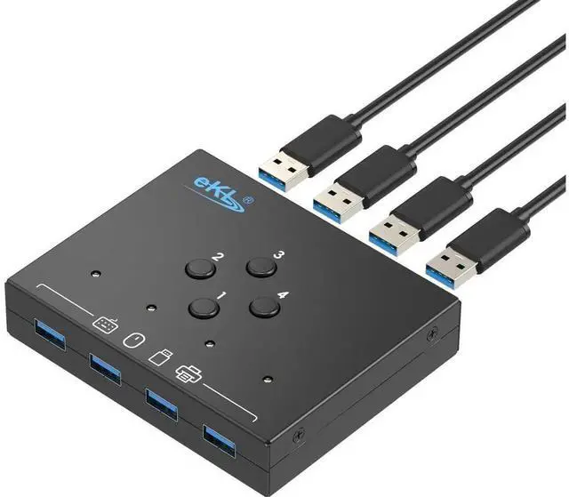 Main image of 4 In 4 Out USB 3.0 Sharing Switch Box with 3.5mm Audio Jack, One Button Switcher Allows 4 PCs to Share 4 USB Devices for Mouse Keyboard Scanner Printer, Plug and Play for Desktop and Laptop