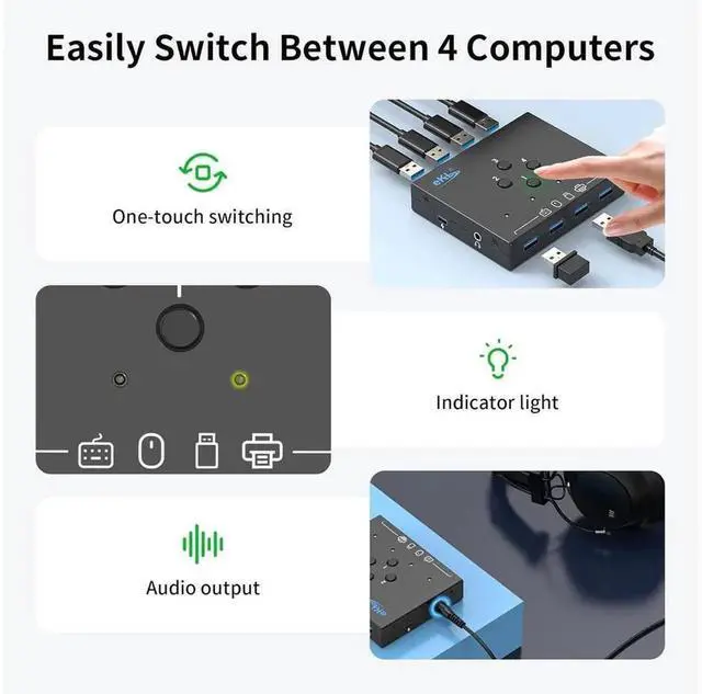 Alt view image 3 of 6 - 4 In 4 Out USB 3.0 Sharing Switch Box with 3.5mm Audio Jack, One Button Switcher Allows 4 PCs to Share 4 USB Devices for Mouse Keyboard Scanner Printer, Plug and Play for Desktop and Laptop