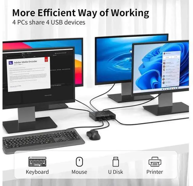 Alt view image 6 of 6 - 4 In 4 Out USB 3.0 Sharing Switch Box with 3.5mm Audio Jack, One Button Switcher Allows 4 PCs to Share 4 USB Devices for Mouse Keyboard Scanner Printer, Plug and Play for Desktop and Laptop