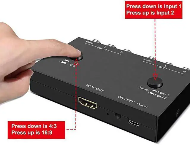 Alt view image 6 of 7 - Dual RCA AV to HDMI Composite Video Converter Adapter, Supports 4:3/16:9 Aspect Ratio Adjustment, Analog to Digital Signal Transformer for Wii N64 PS1 PS3 VHS VCR DVD Players and Old Game Consoles