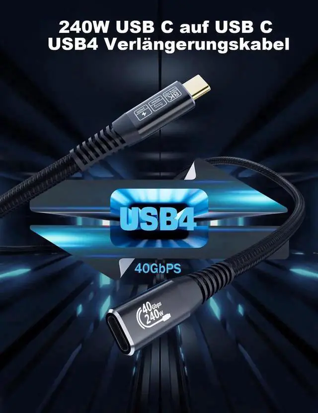 Alt view image 7 of 7 - 2M/6.6FT Thunderbolt 4 USB-C Male to Female Extension Cable, 40Gbps High Speed Data Transfer, Supports 8K Video Output & 240W PD Fast Charging, Compatible with Thunderbolt 3, USB4, SSD and eGPU Extern