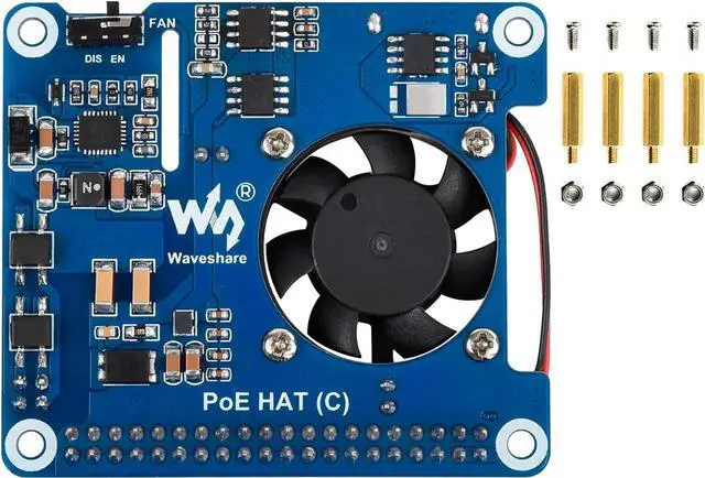 Main image of PoE HAT Power Over Ethernet Board with Cooling Fan for Raspberry Pi 4B / 3B+, IEEE 802.3af/at Standard Compliant, 5V USB-A Port and 12V Pin Header Output for Expanding External Peripherals