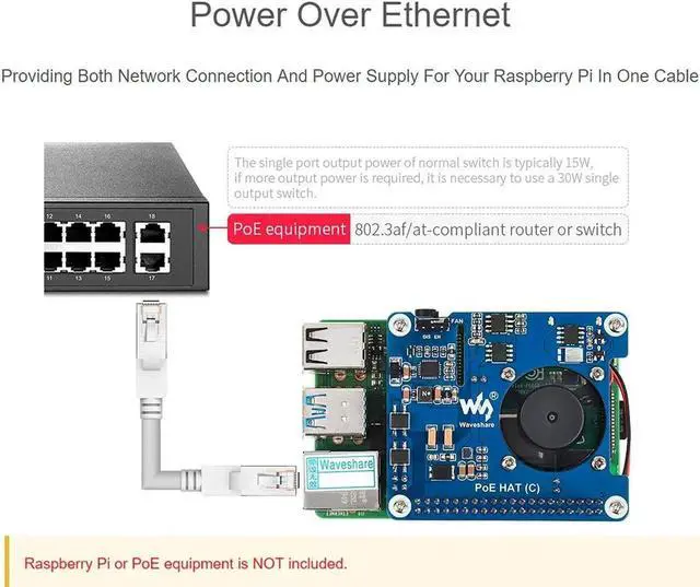 Alt view image 2 of 5 - PoE HAT Power Over Ethernet Board with Cooling Fan for Raspberry Pi 4B / 3B+, IEEE 802.3af/at Standard Compliant, 5V USB-A Port and 12V Pin Header Output for Expanding External Peripherals