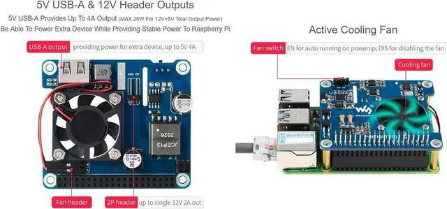 Alt view image 4 of 5 - PoE HAT Power Over Ethernet Board with Cooling Fan for Raspberry Pi 4B / 3B+, IEEE 802.3af/at Standard Compliant, 5V USB-A Port and 12V Pin Header Output for Expanding External Peripherals