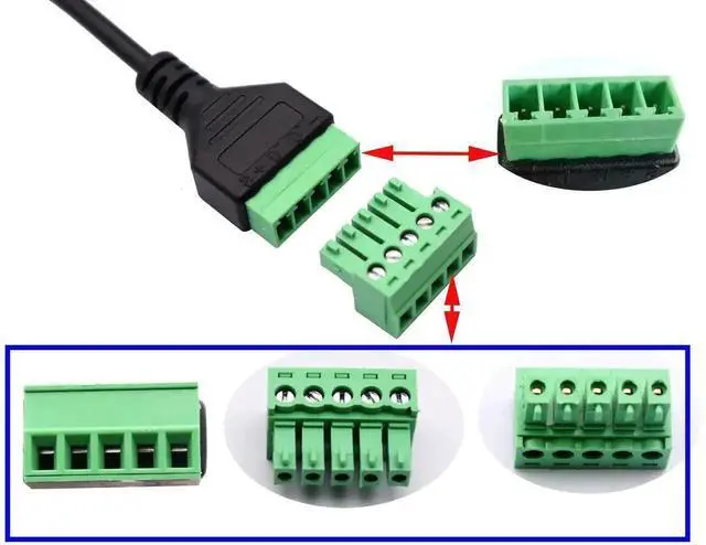 Alt view image 6 of 7 - 2 Pack 30CM USB 2.0 Type-C Male to 5 Pin Screw Terminal Block Cable, Shielded Pluggable Screw Down Terminal Connector with Bolt Locking, DIY Soldering-Free Wiring Adapter for Circuit Power and Data Co