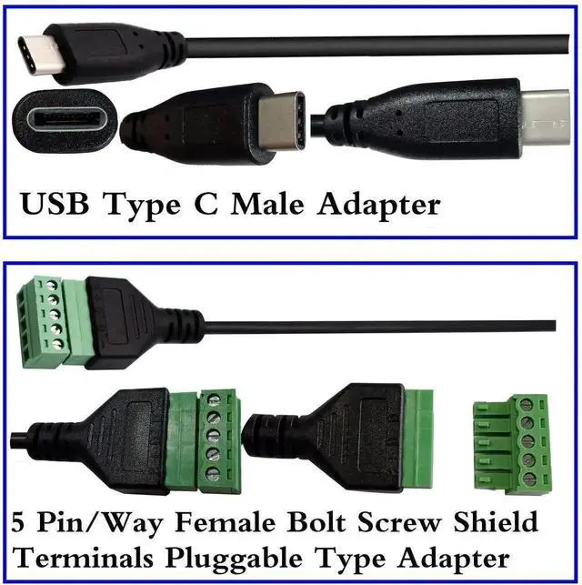 Alt view image 4 of 7 - 2 Pack 30CM USB 2.0 Type-C Male to 5 Pin Screw Terminal Block Cable, Shielded Pluggable Screw Down Terminal Connector with Bolt Locking, DIY Soldering-Free Wiring Adapter for Circuit Power and Data Co