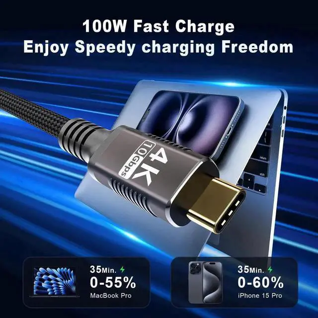 Alt view image 3 of 7 - 20FT Long Nylon Braided USB C to USB C Cable, USB 3.1 Gen1 10Gbps Data Speed, Supports 4K@60Hz & 2K@120Hz Video Display, PD3.0 100W Fast Charging Cord Backward Compatible with Thunderbolt 3 Devices
