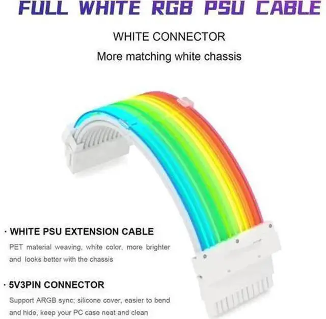 Alt view image 4 of 7 - White A Style Connector 24Pin ARGB PSU Strimer Extension Cable Kit, 5V 3Pin Addressable RGB Synchronized Sleeved Power Supply Extension Cord for PC Case Modding