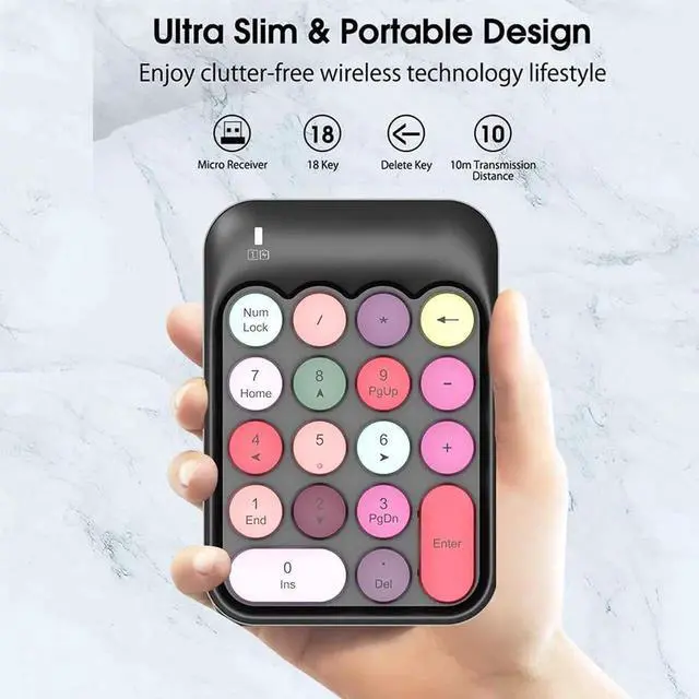 Alt view image 6 of 7 - 2.4G Wireless 18 Keys Numeric Keypad, Mini Portable Silent Number Pad with USB Receiver, Financial Accounting Number Keyboard Extension for Laptop Desktop PC, Black Color