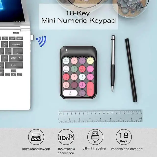 Alt view image 5 of 7 - 2.4G Wireless 18 Keys Numeric Keypad, Mini Portable Silent Number Pad with USB Receiver, Financial Accounting Number Keyboard Extension for Laptop Desktop PC, Black Color