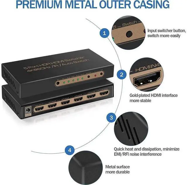 Alt view image 4 of 7 - 5 in 1 Out HDMI 2.0 Switch 5x1 4K@60Hz with IR Remote Control, 18Gbps Bandwidth HDR10 HDCP2.2 Auto Switch HDMI Selector for PS5 Xbox DVD Player Monitor Projector