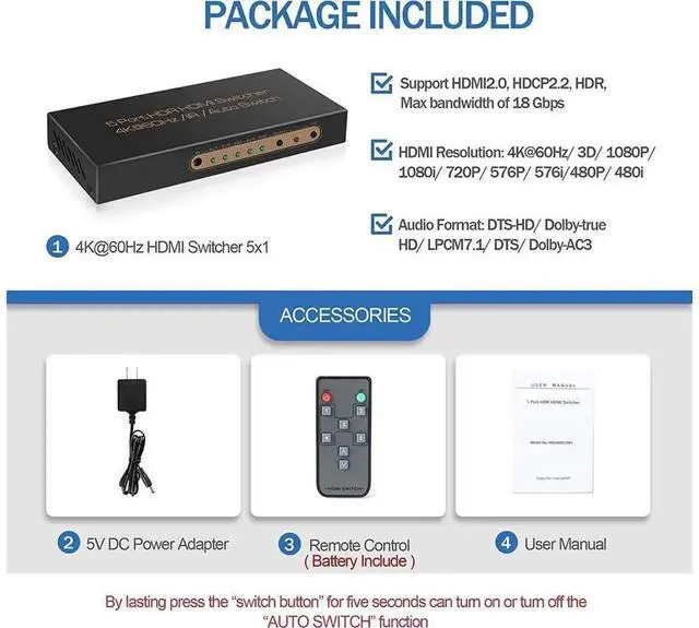 Alt view image 5 of 7 - 5 in 1 Out HDMI 2.0 Switch 5x1 4K@60Hz with IR Remote Control, 18Gbps Bandwidth HDR10 HDCP2.2 Auto Switch HDMI Selector for PS5 Xbox DVD Player Monitor Projector