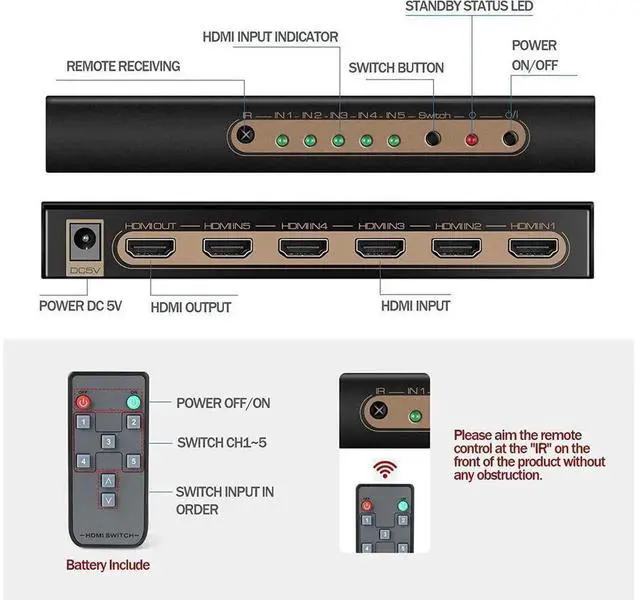 Alt view image 6 of 7 - 5 in 1 Out HDMI 2.0 Switch 5x1 4K@60Hz with IR Remote Control, 18Gbps Bandwidth HDR10 HDCP2.2 Auto Switch HDMI Selector for PS5 Xbox DVD Player Monitor Projector