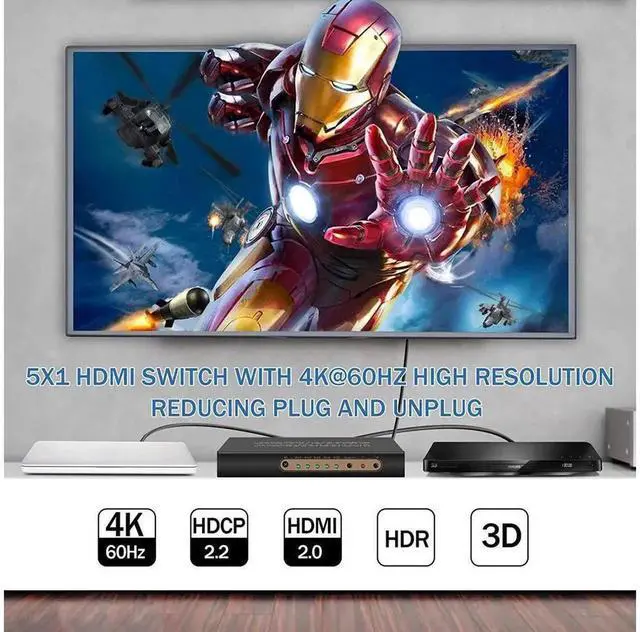 Alt view image 7 of 7 - 5 in 1 Out HDMI 2.0 Switch 5x1 4K@60Hz with IR Remote Control, 18Gbps Bandwidth HDR10 HDCP2.2 Auto Switch HDMI Selector for PS5 Xbox DVD Player Monitor Projector