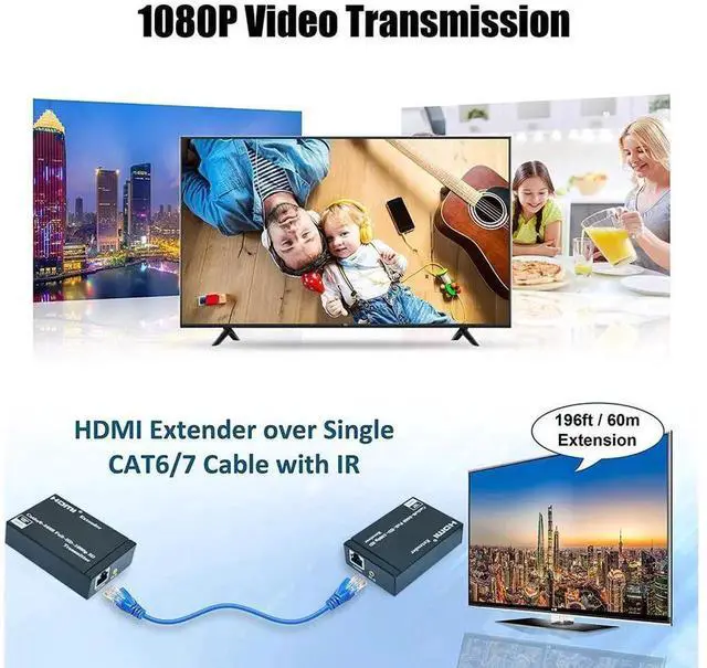 Alt view image 5 of 6 - 60M HDMI Over RJ45 Ethernet Extender Kit, HDMI to Cat5e/Cat6 Network Cable Transmitter Receiver, Lossless Audio Video Extension for PS4, Apple TV, PC, Laptop, HDTV and Projector