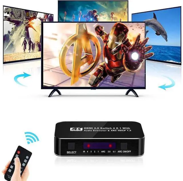 Alt view image 4 of 7 - 4 in 1 Out HDMI 2.0 Switch with Audio Extractor, 4K@60Hz HDR 4-Port HDMI Switcher Support ARC, IR Remote Control and HDCP 2.2, HDMI Signal Selector for PS3 PS4 Laptop PC HDTV Projector