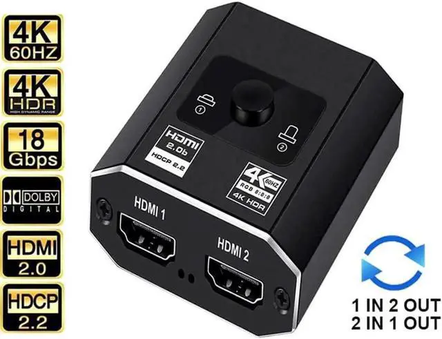 Main image of HDMI 2.0b Bi-Directional Switch with Free HDMI Cable, 2 in 1 Out Switcher / 1 in 2 Out Splitter, 4K@60Hz 18Gbps Bandwidth Support VRR, HDR10, Dolby Vision, HDCP 2.2 for PS4 PS5, SkyQ, Roku, Apple TV,