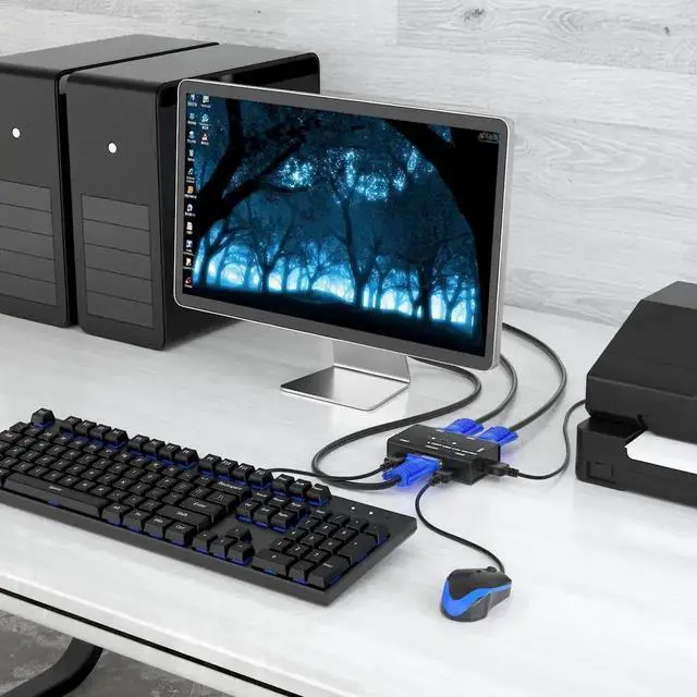 Alt view image 4 of 5 - 2 Port USB VGA KVM Switch with 2 Pack KVM Cables and Built-in 3 USB Hubs, 2 PCs Share Single VGA Monitor, Keyboard and Mouse for Office Work