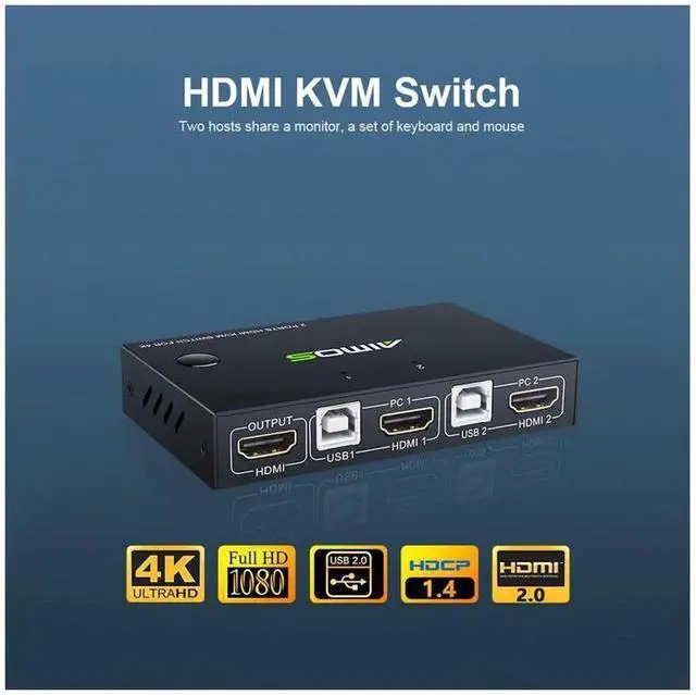 Alt view image 2 of 7 - 2 In 1 Out HDMI KVM Switch 4K@30Hz, USB Keyboard Mouse Sharing Video Display Synchronization Controller for Two Computers Share One Monitor Peripherals