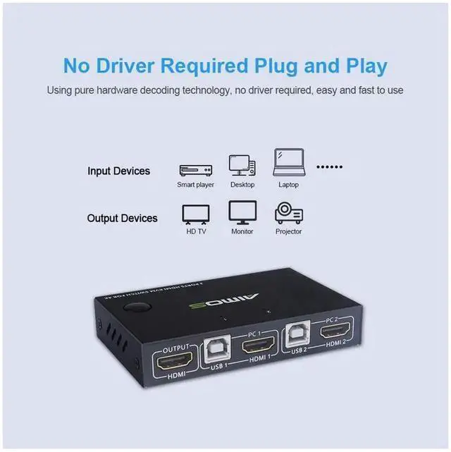 Alt view image 5 of 7 - 2 In 1 Out HDMI KVM Switch 4K@30Hz, USB Keyboard Mouse Sharing Video Display Synchronization Controller for Two Computers Share One Monitor Peripherals
