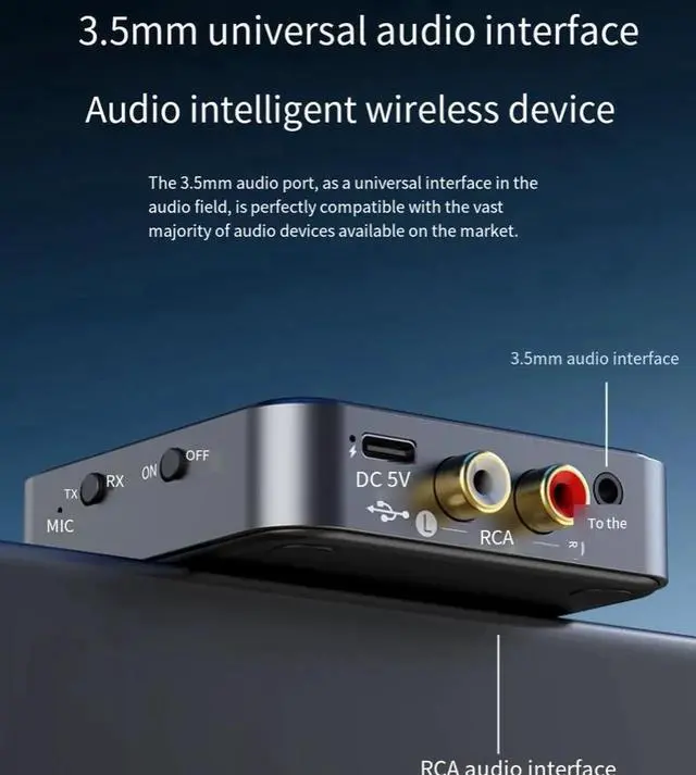 Alt view image 4 of 4 - AptX Bluetooth 5.4 2-in-1 Audio Transmitter Receiver Adapter, Support One-to-Two Pairing, AUX 3.5mm & RCA Dual Output Wireless Audio Dongle for TV Car Home Speaker