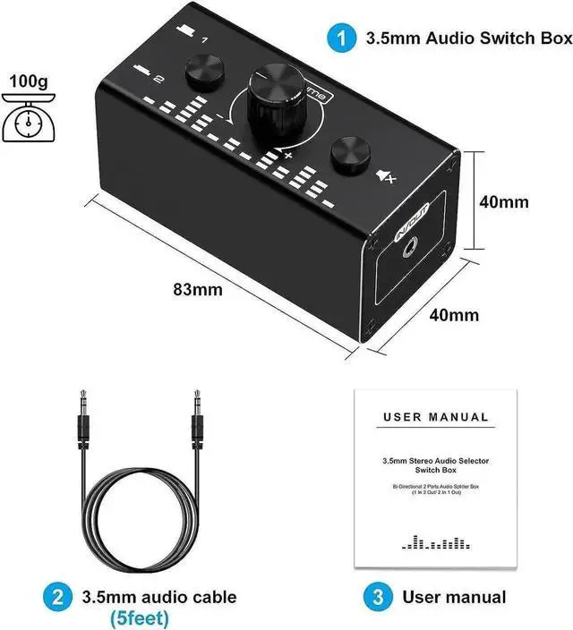 Alt view image 6 of 7 - Bidirectional 3.5mm Audio Switch 2 In 1 Out & 1 In 2 Out Stereo Audio Selector with Volume Knob and Free 3.5mm Audio Cable, for PC, Smartphone, Laptop, Headphones and Speakers