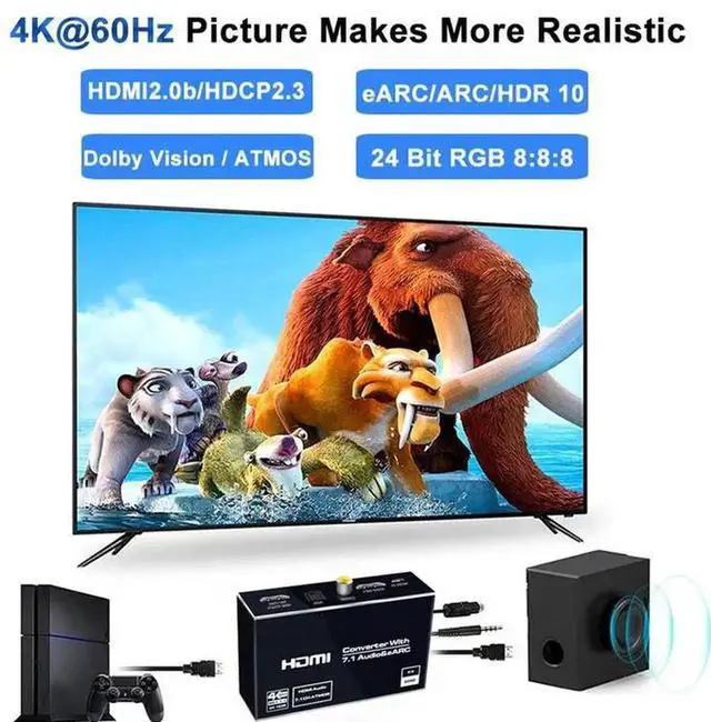 Alt view image 2 of 5 - Torpedo Nova HDMI eARC Audio Extractor, HDMI 2.0b 4K@60Hz HDR Video Pass-Through, Support 7.1CH Dolby Atmos & HDCP 2.2, 4-Way Audio Output via Optical SPDIF, Coaxial, 3.5mm AUX and Independent HDMI Au