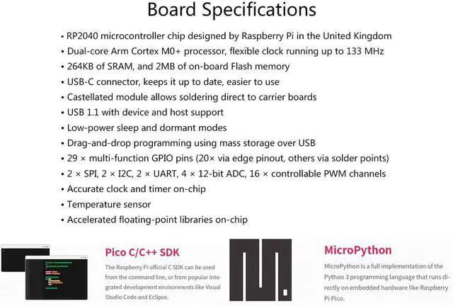 Alt view image 3 of 5 - 3 Pack RP2040-Zero Mini Development Boards, Raspberry Pi RP2040 Dual-Core Cortex-M0+ Microcontroller, Onboard 2MB Flash Storage, USB Type-C Interface, Supports C/C++ and MicroPython Programming