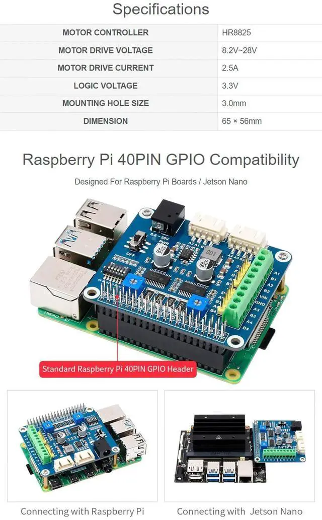 Alt view image 3 of 4 - HRB8825 Dual Stepper Motor Driver HAT for Raspberry Pi & Jetson Nano, Supports Max 1/32 Microstepping, 2.5A Per Channel Current Output, Ideal for 3D Printers, CNC Engraving Machines and Robotic Arms