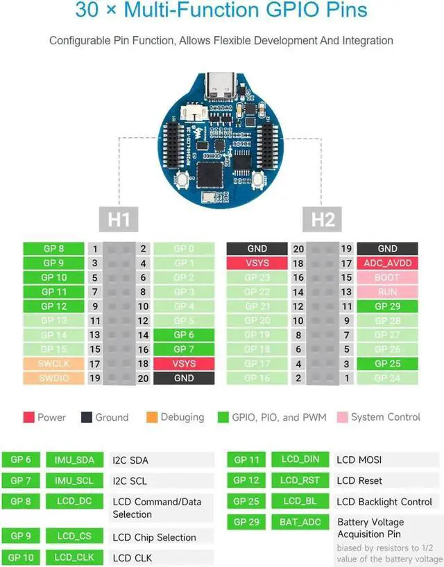Alt view image 5 of 5 - RP2040 Microcontroller Board Based on Raspberry Pi RP2040 Chip with 1.28 Inch Round 240x240 IPS LCD 65K Color Display Built-in Accelerometer Gyroscope Sensor USB Type-C Interface