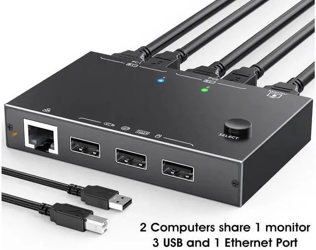 Main image of 2 Port USB HDMI KVM Switch with 100Mbps Ethernet Port 4K 60Hz Video Output Allow 2 PCs to Share One Monitor Keyboard Mouse and 3 USB Peripherals Plug and Play Desktop KVM Switcher